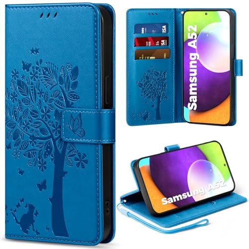 EASDNB Handyhülle für Samsung Galaxy A52/A52S 4G 5G Hülle Flip Lederhülle Wallet Case mit [3 Kartenfächer] [Magnet] [Ständer] Premium Leder Prägung Schutzhülle Klapphülle für Galaxy A52S Blau