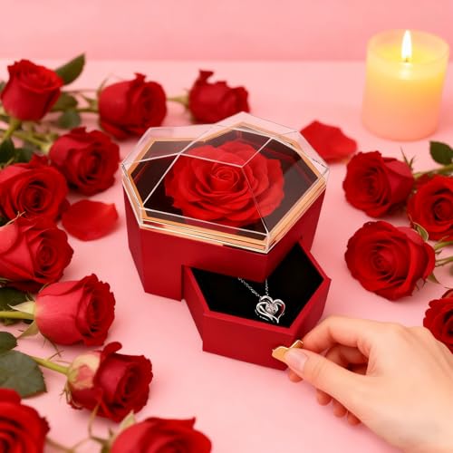Miniatura 4 de Jabnow Rosa Eterna Con Collar Regalo De San Valentín, Flores Preservadas Para Día De La Madre, Regalo De Cumpleaños Mujer, Aniversario, Navidad En Caja Corazón Para Mamá Novia Abuela Y Hermana