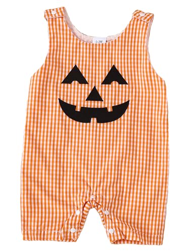 Yvowming Baby Boy Halloween Outfits Clothes Sleeveless Ghost Embroidery Plaid Retro Romper Jumpsuit Smocked Shortal