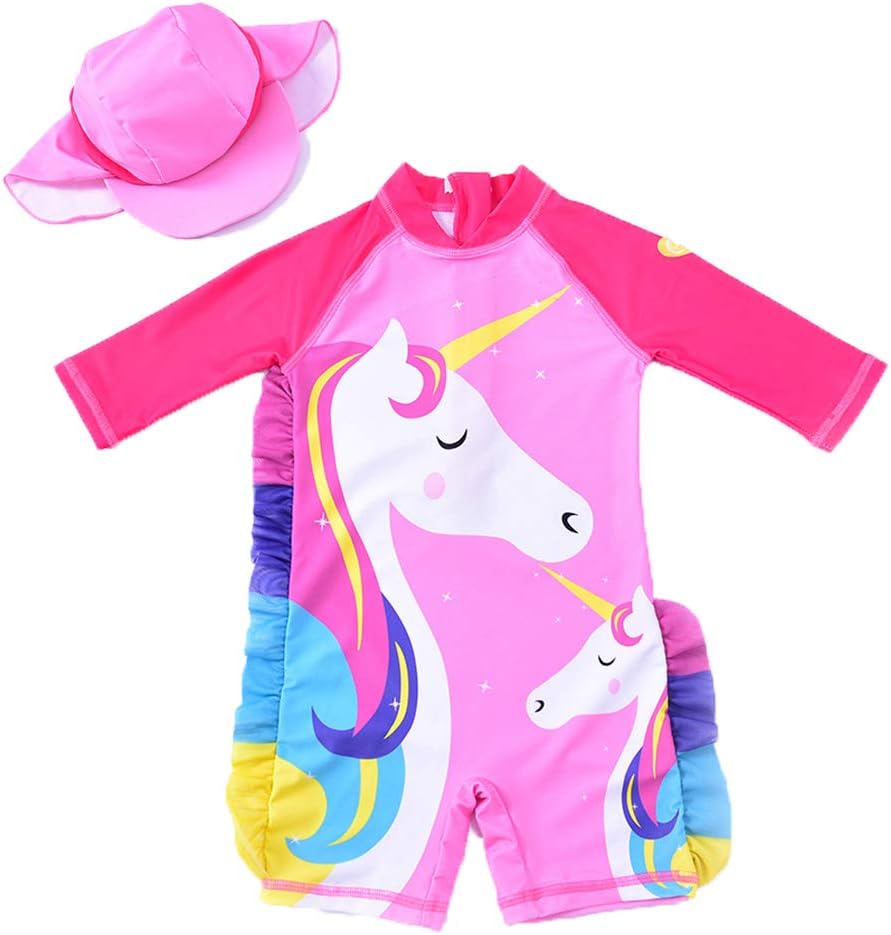 QIJOVO Baby Girl One-Piece Rash Guard Swimsuit Unicorn Toddler Swimwear with Hat UPF50+
