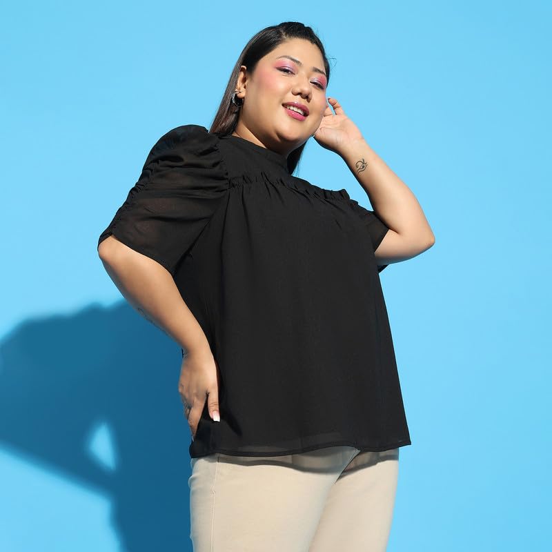 Image of oxolloxo Women Plus Size Round Neck Short Sleeve with Gather Pleates Ruffle Detail Top