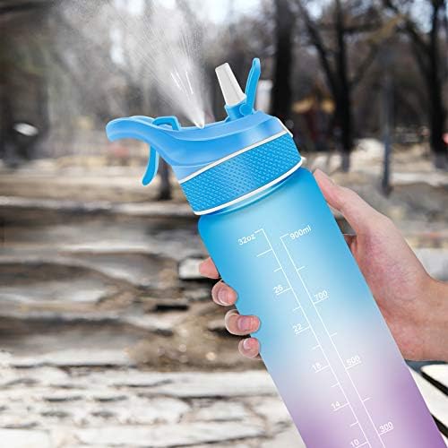 Sport Water Bottle with Spray Mist for Outdoor Hydration, 1L Motivational Water Bottle with Time Marker, Flip Straw & BPA Free Tritan Plastic, Ideal for Running, Fitness and Cycling(Blue purple)