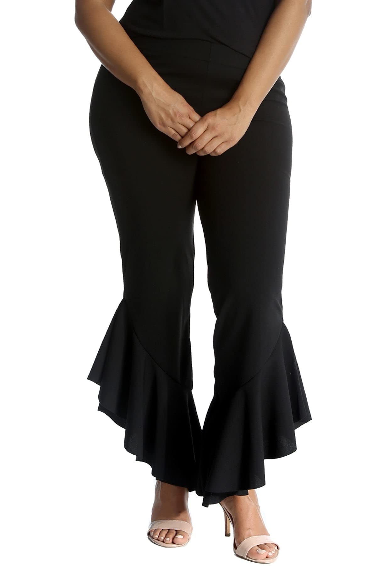 FAIRY BOUTIQUE Womens Bell Bottom Flared Frill Trouser Ladies 70s Elastic Waist Plus Size Trouser Leggings Pants Black