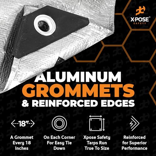 Image of Heavy Duty Poly Tarp - 12' X 14' -10 Mil Thick Waterproof, UV Blocking Protective Cover - Reversible Silver and Black - Laminated Coating - Grommets - by Xpose Safety