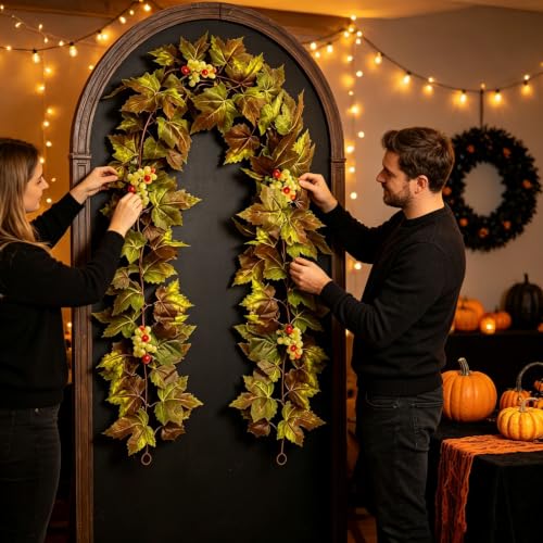 2PCS 5.7FT Faux Autumn Halloween Garland with Green Maple Leaf and Berries (Gold) - image 4