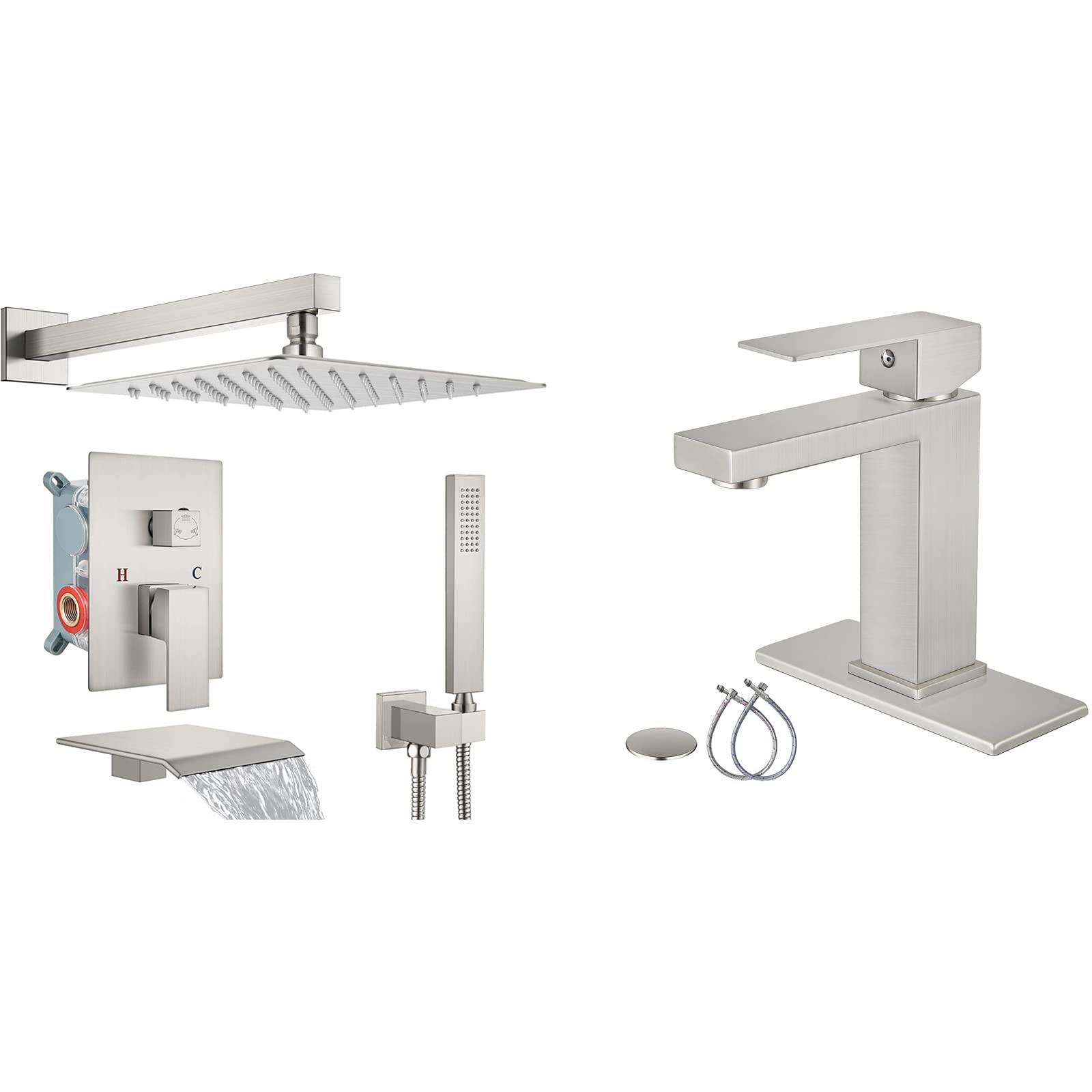 Hcfyauis Brushed Nickel 12 Inch Rainfall Shower System Matching With Brushed Nickel Bathroom Sink Faucet 1 Hole Single Handle Deck Mount