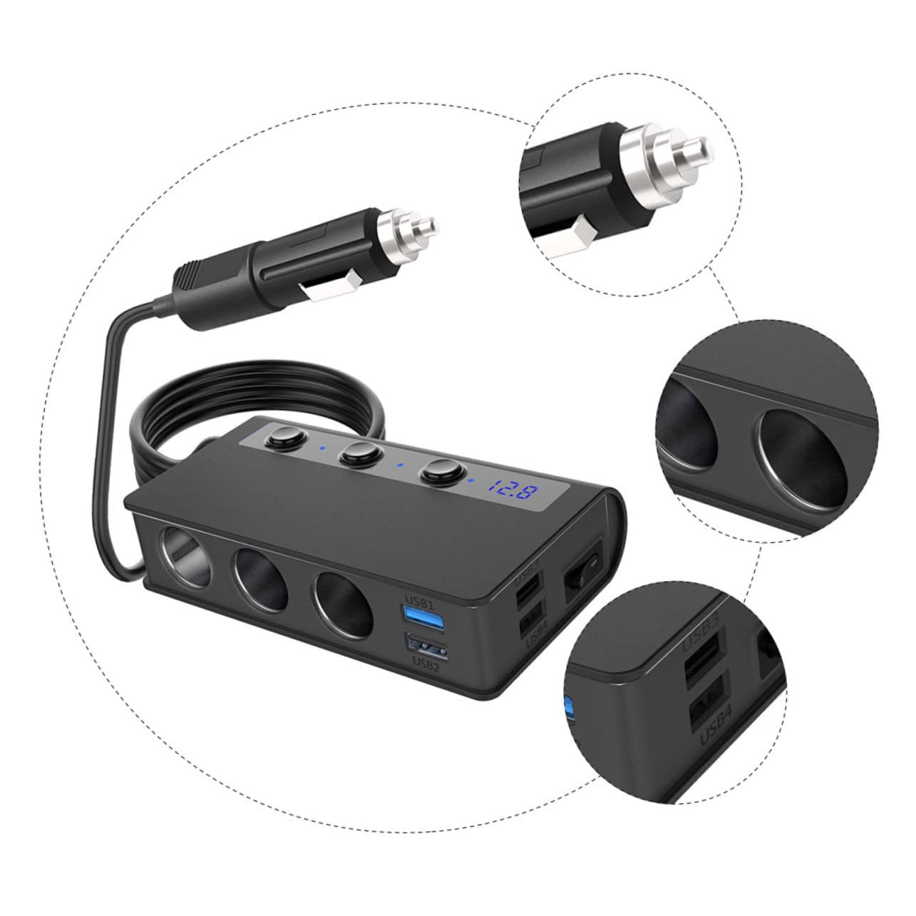 HOMSFOU Caricabatterie da Auto 180w, Divisore Accendisigari 1 a 3 4 Porte Usb, Interruttore Indipendente e Luce LED per Auto