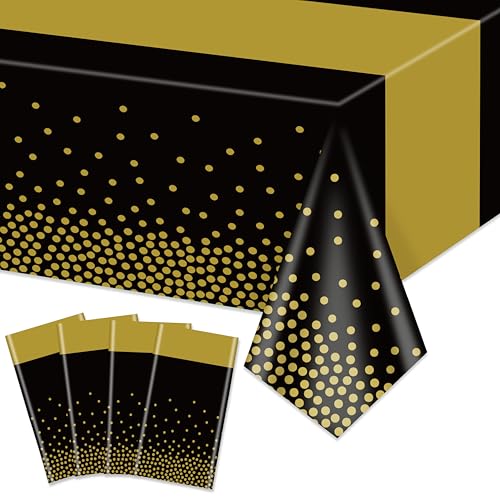 Hegbolke Ensemble de 4 nappes Noir et Or - 220x130cm Nappe rectangulaire en Or Noir pour Mariage, Anniversaire, première Communion, Douche de bébé et Remise...