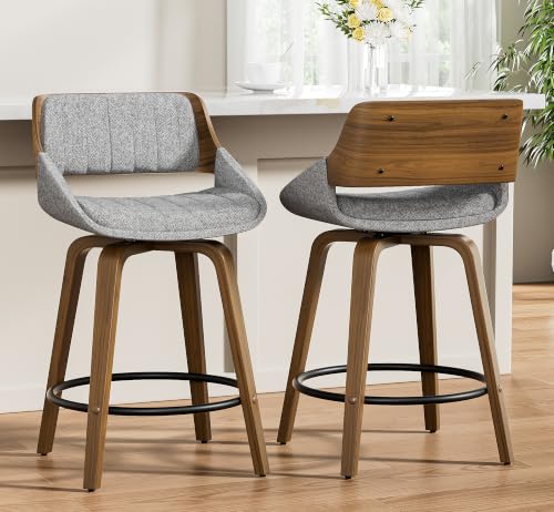 Image of YaFiti Bar Stools Set of 2, 26 inch Swivel Counter Height Barstools with Bentwood Back and Legs, Mid Century Modern Upholstered Fabric Counter Stools for Kitchen Island, Dining Room, Gray