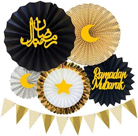 Ramadan Mubarak Decoration Set - Decoration Cutouts and Paper Fans - Perfect for Ramadan Parties and Events (Black & Gold)