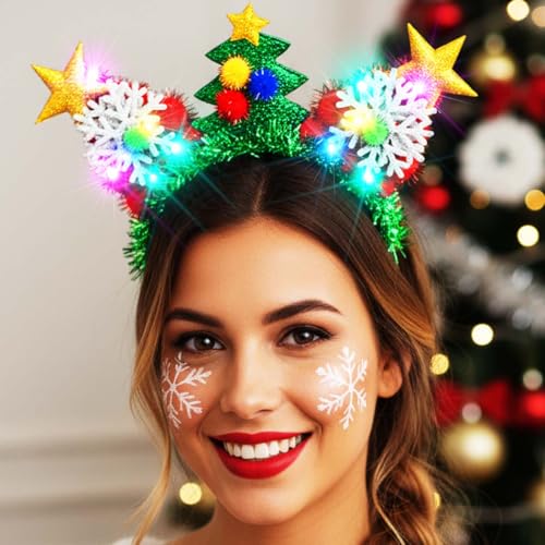 Reaky Diadema con luces de Navidad intermitentes para el pelo, diseño de árboles de Navidad, diadema de estrella LED, accesorios para el cabello para mujer