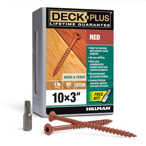 Deck Plus 3 Inch Epoxy Coated Exterior Wood and Fence Screws #10 x 3 Torx/Star Drive Included Coarse Thread, Outdoor Rust Resistant Decking Screw, Red, 1lb Box, 62 Pieces | 48432