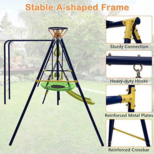 image for COSTWAY 7-in-1 Kids Swing Set, Heavy Duty Swing Stand with 2 Swings, S