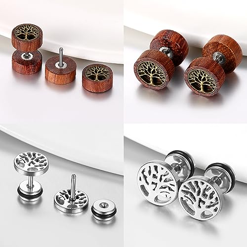 Cupimatch Earrings for Men Flat Back Earrings Sleeper Earrings for Women Men Pack of 2 Pairs(Stainless Steel Earrings Wooden Earrings)4