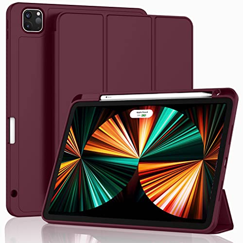 ZryXal New iPad Pro 12.9 Inch Case 2022/2021/2020(6th/5th/4th Gen) with Pencil Holder,Smart iPad Case [Support Touch ID and Auto Wake/Sleep] with Auto 2nd Gen Pencil Charging (Wine)
