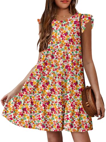 HOSIKA Girls Floral Dress Summer Boho Flutter Sleeve Swing Tiered Beach Holiday Dress 6-12Y