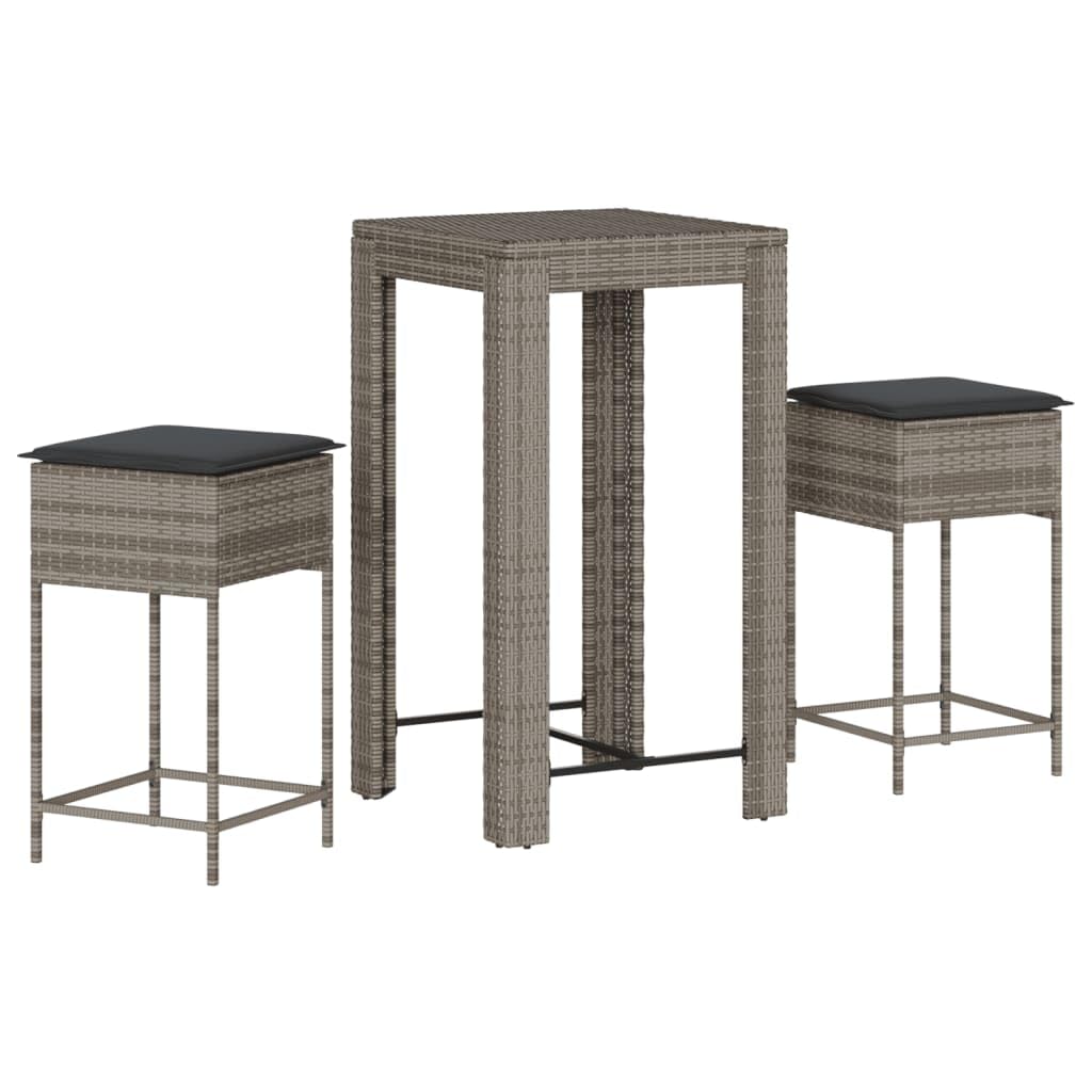 vidaXL Juego de Bar de jardín de 3 Piezas con Cojines ratán PE Gris, Mesa Alta y taburetes de Exterior, Juego de Bar, Juego de Muebles