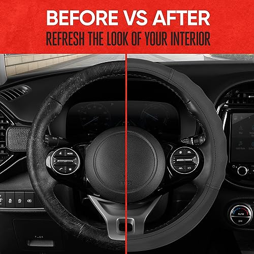 Image of Motor Trend Soft Touch Leather Gray Steering Wheel Cover with Grooves, Advanced Traction Universal Fit for Standard Sizes 14.5 15 15.5 inches