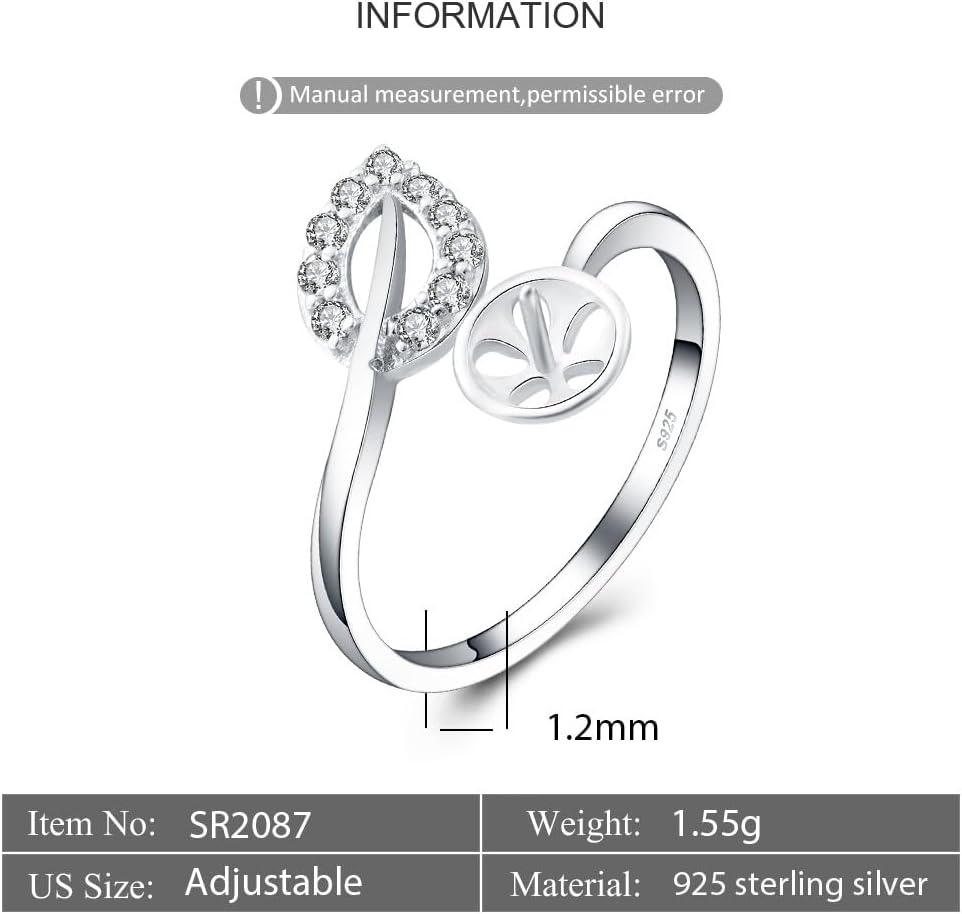 Sterling Silver Leaf Cubic Ring Mounting for Women, Adjustable Ring Fittings Accessories for Pearl Jewelry Making