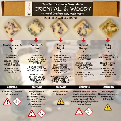 Oriental & Woody - Highly Scented Botanical Wax Melts Collections (15 x 13.5g Hand Crafted) - Vegan Friendly & Cruelty Free - Plastic Free - Provide 8 to 10hrs scents/cube - Made in the UK - Image 4