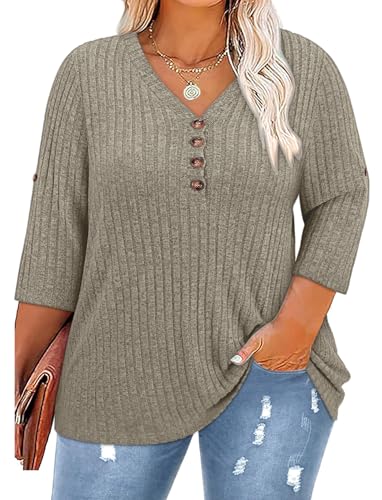 Image of Koscacy Women Plus Size V Neck 3 /4 Roll Sleeve Sweater Casual Knit Tops Solid Color Blouses