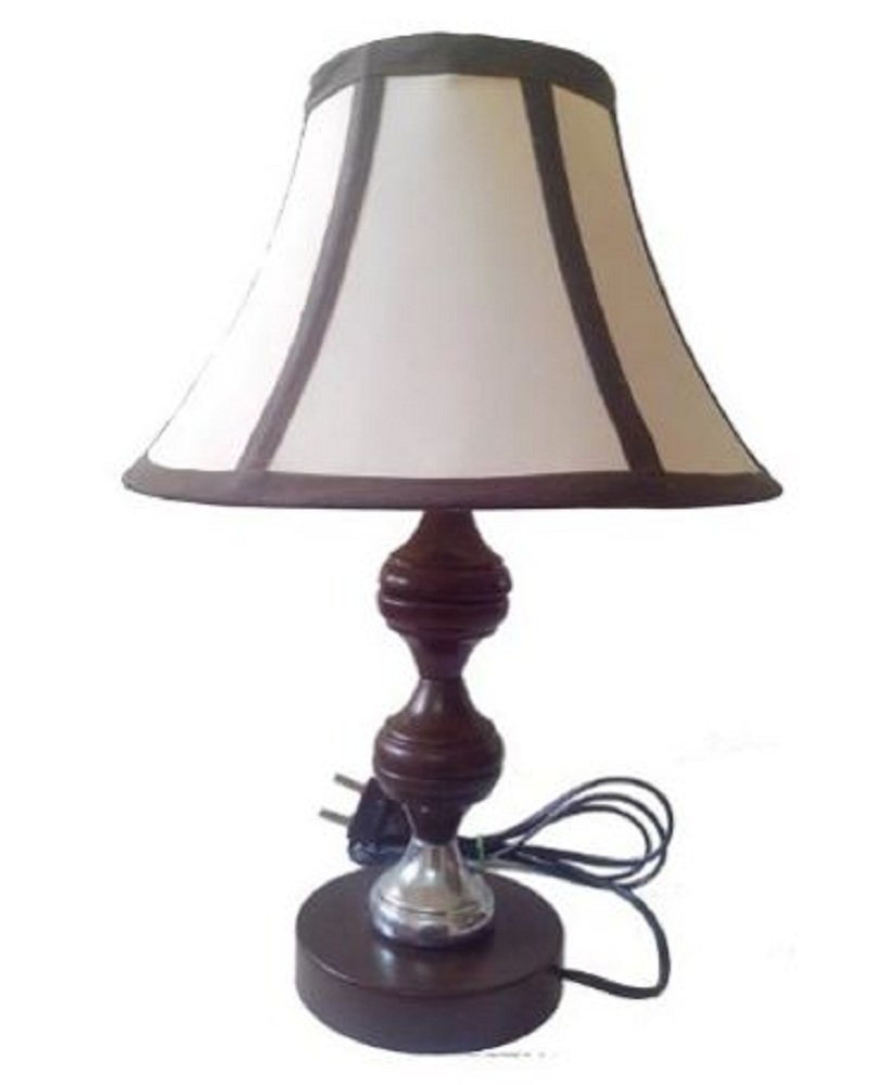 AADHYA CREATIONS Brown Silver Stand Table Lamp with 10 Round Slanting Cream with Black Border Lamp Shade (Size: 25.4 cm x 25.4 cm x 35 cm)