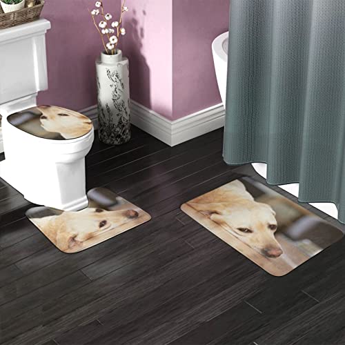 DIRYKILP Badematte + Konturmatte + Toilettendeckelbezug, gelber Hund wartet zu Hause 3 Stück Badematte Set, mit rutschfester Klebeunterseite – Bild 3
