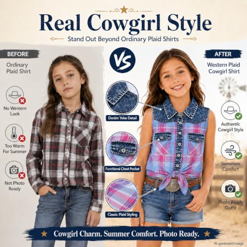 Image of Bienzoe Western Plaid Girls Shirt: Sleeveless Button Down