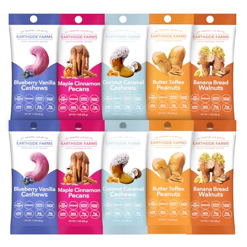 Image of Earthside Farms 10 Count Variety Pack, 5 Flavors, 1oz Single Serve Candied Nuts Snack Packs, Blueberry Vanilla Cashews, Maple Cinnamon Pecans, Coconut Caramel Cashews, Banana Bread Walnuts & Butter Toffee Peanuts, Keto Friendly, Vegan, Gluten Free, No Sugar Added