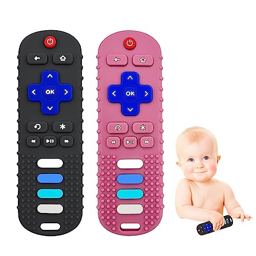 Image of ERSIHUA 2-Pack Silicone Teething Toys for Baby, TV Remote Chew Toy Teethers for 3-6 Months, Baby Sensory Toys for 6 to 12 Months, TV Remote Control Toys for Boys and Girls (Black+Pink)