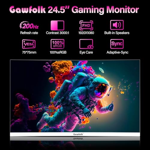 Gawfolk 24,5 Zoll Gaming Monitor 200 Hz, PC Bildschirm mit Lautsprechern, FHD 1920x1080 Rahmenlose Computermonitore, IPS Monitor, Adaptive Sync, 100% sRGB, DisplayPort, HDMI, Augenpflege 2