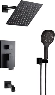 POP SANITARYWARE Matte Black Shower Faucet Set with Tub Spout Bathroom Rainfall 8 Inch Shower Head System with Handheld Single Handle Shower Trim Kit with Valve
