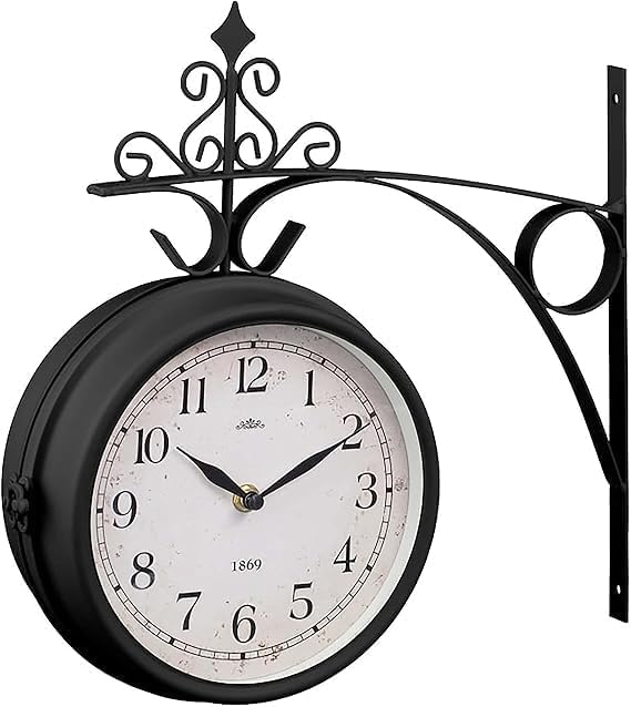 M&H Outdoor Dual Sided Station Clock, Vintage Double-Side Station Wall Clock, Round Wall Hanging Double Sided Garden Clock for Use Both Indoor & Outdoor, Garden Decor Clock
