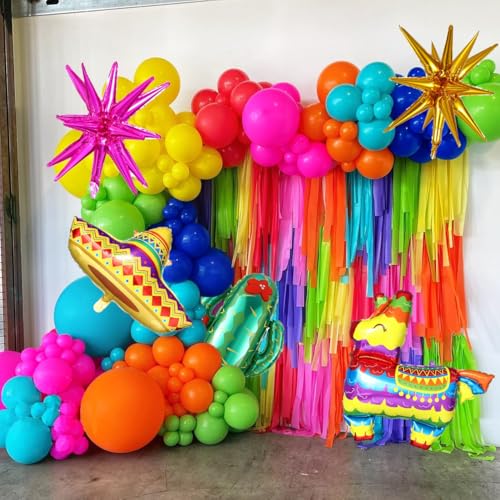 Image of Mexican Fiesta Party Decorations, 144Pcs Cinco De Mayo Rainbow Balloons Arch Garland Kit Cactus Llama Sombrero Explosion Star Foil Balloons for Taco Twosday Carnival Hawaii Tropical Birthday Party
