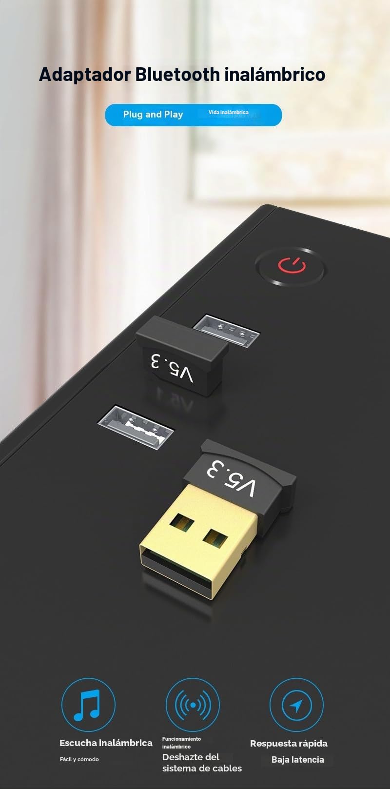 Adaptador Bluetooth USB 5.3, Memoria Bluetooth para PC Laptop EDR Dongle USB Bluetooth Compatible con Windows 11/10/8.1/7/Linux (5.3)
