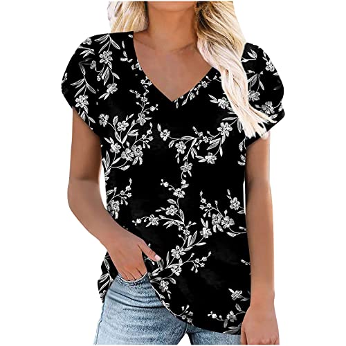 2023 Womens Summer Tunics Short Sleeve Casual T Shirt V Neck Loose Comfy Tops Tee Shirts Lightweight Cute Blouse Black #TOP30