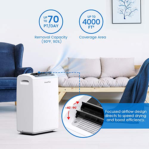 Inofia 70 Pint 4,500 Sq Ft Dehumidifiers for Basements Bathroom Garage Large Room, Portable Home Dehumidifier with Drain Hose/Laundry Mode/Caster Wheels/Water Reservoir