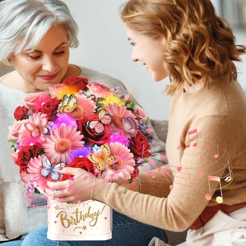 Ecloverlife Birthday Cards with Music & Lights, Pop Up Happy Birthday Cards, 10 Inch Size Daisies & Butterflies Flower Bouquet, Birthday Cards for Girls, Women, Wife, Mom, Sisters