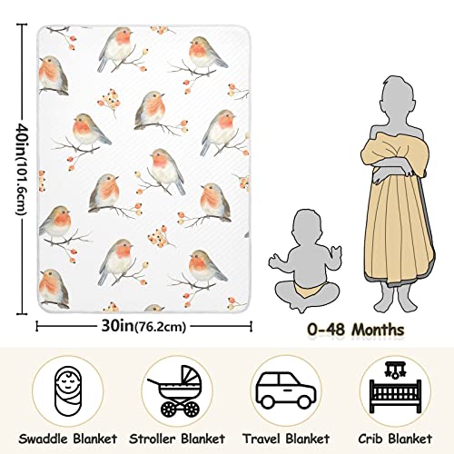 Image of Swaddle Blanket Robin Birds Cotton for Infants, Receiving Lightweight Soft Swaddling for Crib, Stroller, Nursery, 30x40 in, White