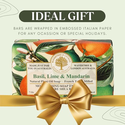 Image of Wavertree & London Basil Lime & Mandarin Scented Natural Soap (2 Bars), 7oz Moisturizing French Triple Milled Soap Bars enriched with shea butter - Pure Plant Based Bath & Body Bars for All Skin Types