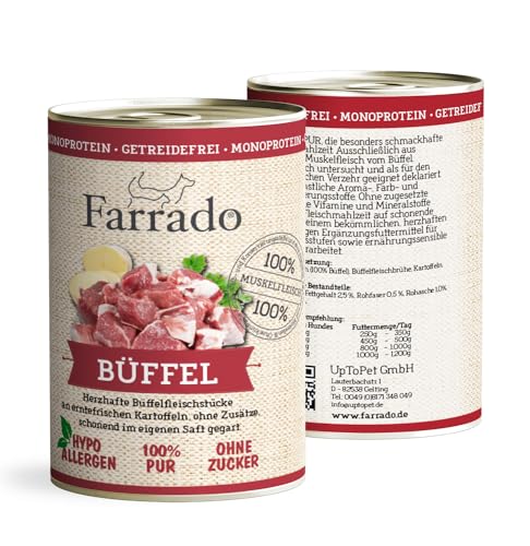 Farrado I Premium Nassfutter getreidefrei für Ihren Hund – Büffel 8x400g I Reine Muskelfleischstücke vom Büffel PUR mit Kartoffel in Soße