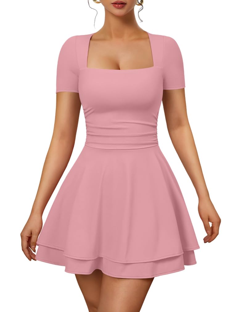 XXTAXN Womens Sexy Square Neck Short Sleeve Flowy Club Mini Dress