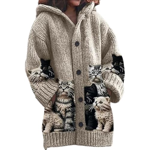 Cat Sweaters for Women Oversized Cat Cardigan Crew Button Knit Cardigan Sweater Cute Cartoon Graphic Cat Jacket