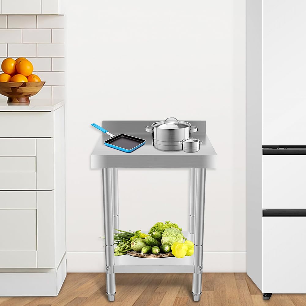 homewell Tavolo da lavoro cucina in acciaio inox, preparazione professionale cucina, lavoro cucina a 2 piani in acciaio inossidabile per preparazione cucina cibo pasto hotel uffici ospedali, 61 x 61 x