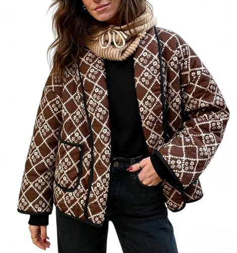 Womens-Cropped-Quilted-Jacket-Puffer-Lightweight-Floral-Print-Oversized-Long-Sleeve-Packable-Down-Coat Womens Cropped Quilted Jacket Puffer Lightweight Floral Print Oversized Long Sleeve Packable Down Coat - Image 1