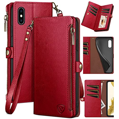 XcaseBar for iPhone Xs Max 6.5" Wallet case with Zipper Credit Card Holder【RFID Blocking】, Flip Folio Book PU Leather Phone case Shockproof Cover Women Men for Apple XS Max 6.5" case Red by XcaseBar - Used condition - US$18.16