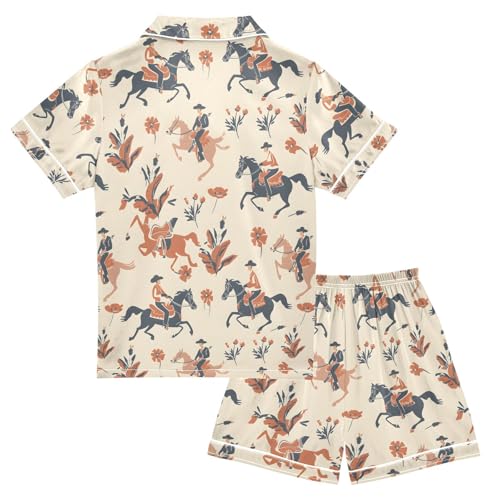 ALAZA Blossom Floral Leaf Horse Racing Satin Pajamas Set Short Sleeve Button Down Sleepwear Summer Pjs 2 Piece2