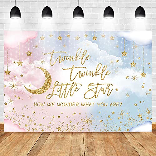 Mocsicka Twinkle Twinkle Little Star Backdrop Gold Moon and Stars Gender Reveal Background Blue Or Pink Gender Reveal Party