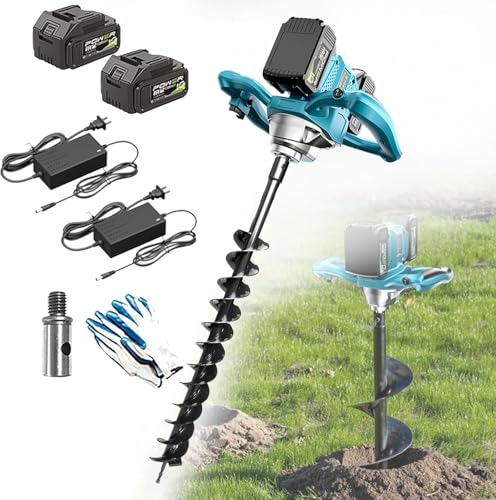 1200W Electric Post Hole Digger, Cordless Auger with 2 Batteries, 6 Gears, Forward & Reverse, Ideal for Garden Planting, 60MM & 40MM Bits, Efficient Earth Drilling Tool