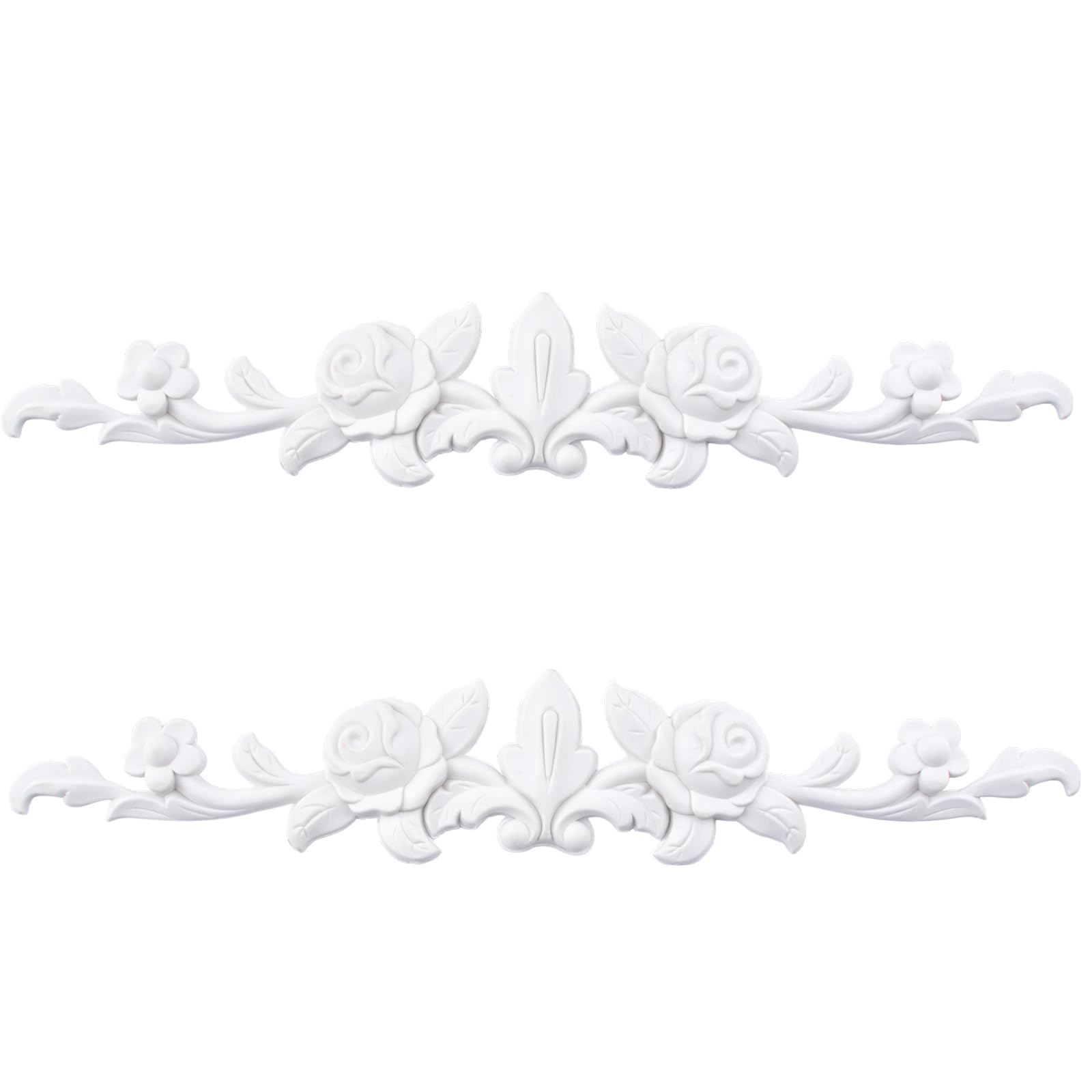 MOROBOR White Carved Appliques, 2 Pcs PVC Decorative 3D Rose Carved Onlay Unpainted Furniture Onlays DIY Project for Wall Door Cabinet Mirror Closet Wardrobe Dresser Mantel Frame Center